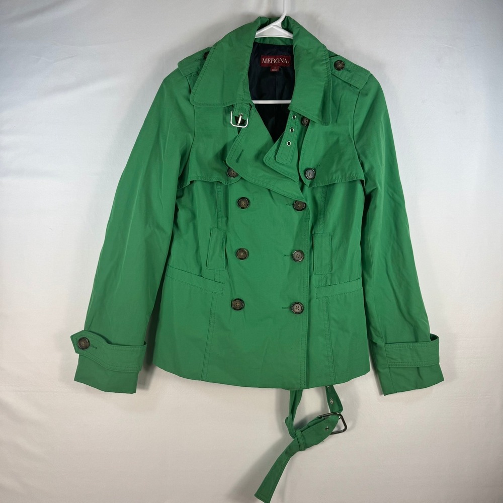 Merona Womens Green Double Breasted Belted Trench Coat Jacket Small RN17730